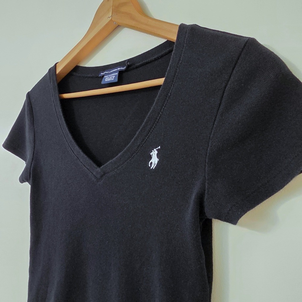 Vintage Ralph Lauren Sport Baby Tee Sz M V Neck Pony Logo Y2KFitted Top Preppy - Picture 3 of 11